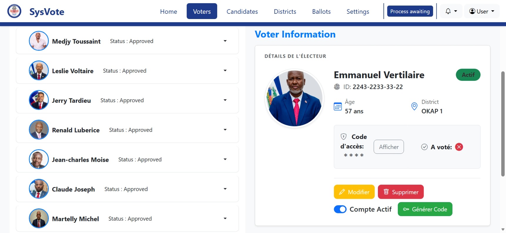 Voter Detail & Access Code Drawer